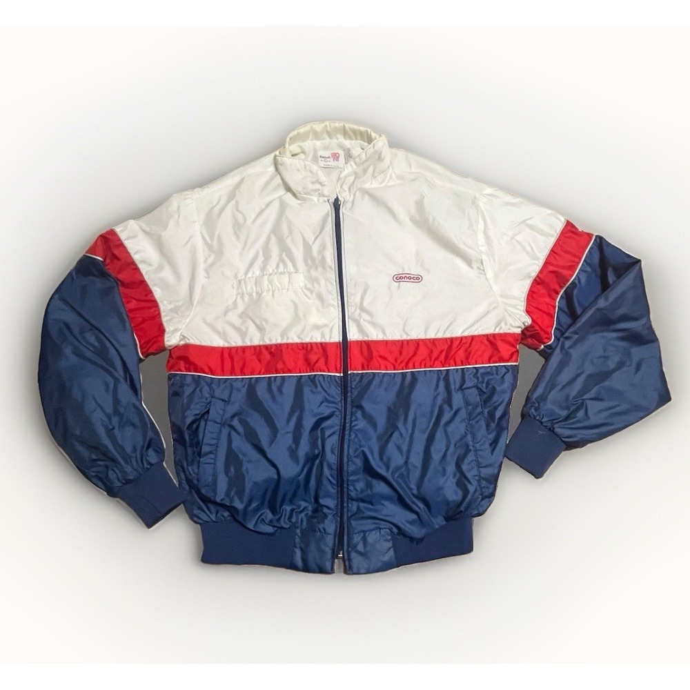 Vintage 80s King Louie Pro Fit Conoco Jacket Mens Large White Red Navy Nylon USA